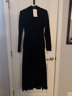 COS Black Long-Sleeve Maxi Dress - Ribbed Bodice, Pleated Skirt